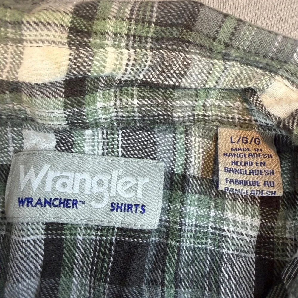 Wrangler Wrancher Mens Large Green Black Plaid Pearl Snap‎ Western Flannel Shirt